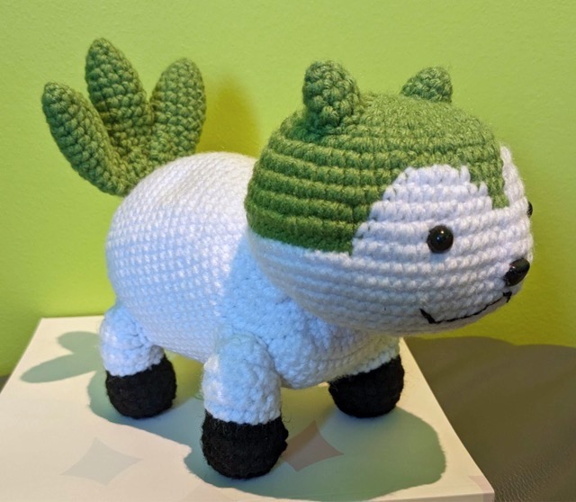 Sommie as viewed from the front-right diagonal, with the legs fully sewn on